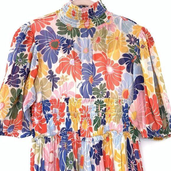 FARM RIO Sunny Daisies Maxi Dress XS Sand Boho Smocked Anthropologie Floral EUC - Picture 3 of 11